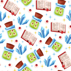 Magic wizard tools seamless repeat pattern concept. Vector flat graphic design illustration