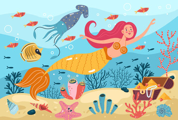 Fototapeta na wymiar Mermaid character swimming on sea bottom underwater concept. Vector flat graphic design illustration