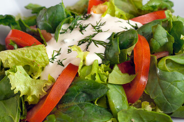 Green vegan summer lettuce with spinach, by tomatoes and sour cream. Healthy food concept.