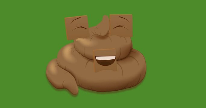 Pile of poo laughing with closed eyes and open mouth in perspective on a transparent and green background. Looped animation with a built-in alpha channel in 4k.