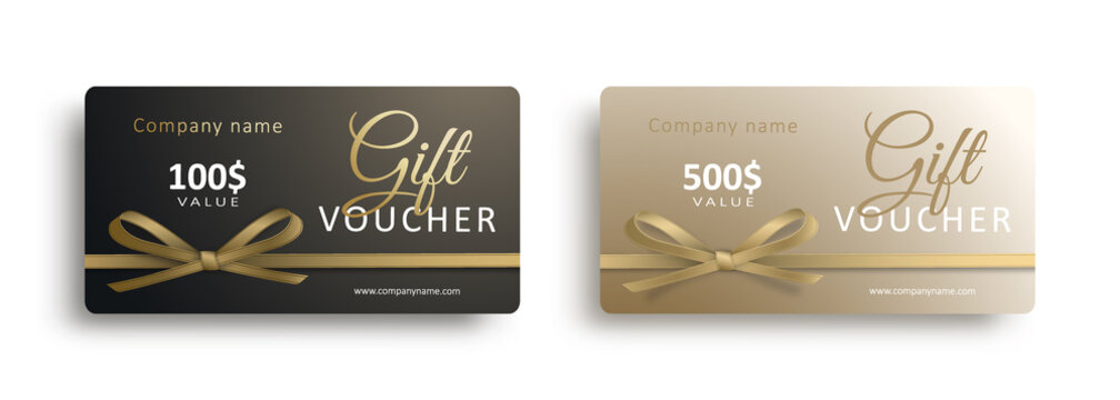 Set of gift vouchers with golden ribbons and bows. Template for a festive gift coupon, invitation and certificate. Vector Illustration