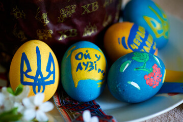Fototapeta na wymiar painted easter eggs in blue and yellow colors in Ukraine