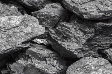 Lumps of black lignite or bituminous coal. Natural source of energy. Mineral stone rock - obrazy, fototapety, plakaty