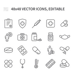 Simple vector icons related to medicine. Contain such icons as syringe, patch, pills, ambulance and more.