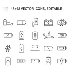 Simple vector line icons. Contains icons such as battery, car charging, phone charging, battery charging and more.