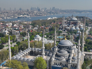 Naklejka premium Renovated Blue Mosque and Hagia Sophia Drone Video, April 2022 Fatih, Istanbul Turkey
