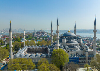 Naklejka premium Renovated Blue Mosque and Hagia Sophia Drone Video, April 2022 Fatih, Istanbul Turkey