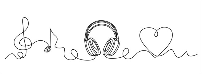 One line headphones. Continuous drawing of music gadget and note. Audio headphone outline sketch. Lineart vector concept of musical symbol. Illustration headphone drawing contour monoline