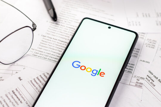 West Bangal, India - April 20, 2022 : Google logo on phone screen stock image.
