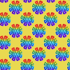Seamless pattern silicone colorful antistress pop-it toy on the yellow background for wallpaper, fabric or wrapping-paper