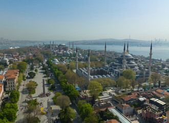 Renovated Blue Mosque and Hagia Sophia Drone Video, April 2022 Fatih, Istanbul Turkey