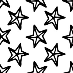 Star pattern. The seamless pattern of a pentagonal Star in the style of doodles is an isolated black contour, connected lines randomly applied on white. contour icon of a star, hand-drawn in the style