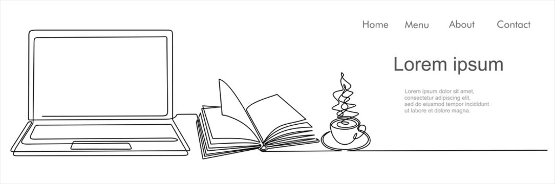 One Continuous Line Drawing Of Computer Laptop, Book And A Cup Of Coffee. Study Space Desk Concept, Web Design. Single Line Draw Design Vector Illustration