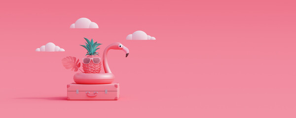 Summer travel concept on pink background 3d render 3D illustration - obrazy, fototapety, plakaty