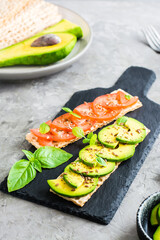 Appetizing sandwiches with avocado and tomatoes on grain bread on slate.