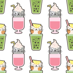 Vector Cute Bubble Tea Seamless Pattern for Kids. Plastic Takeaway Cups with Cat Kawaii Face. Summer Pearl Milk Beverage and Fruits, Flowers. Boba tea Drinks with Tapioca. EPS