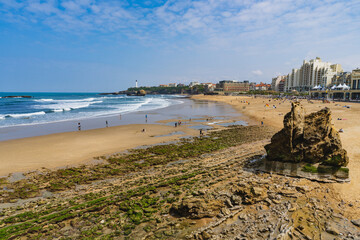 Biarritz, France, April 18, 2022.La Grande Plage, beach in the city of Biarritz, on the Atlantic coast of France - obrazy, fototapety, plakaty