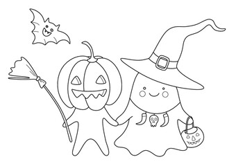 Coloring book. Halloween party. Cute little ghost and pumpkin cat celebrate halloween with friend. Vector illustration. 