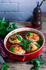 Minced meat nests with vegetables.rustic style.selective focus