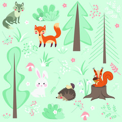 Obraz na płótnie Canvas Summer forest. Wild animals in the forest. Set of plants and animals. Flowers trees fox hedgehog bunny wolf squirrel. Print.