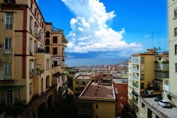 Panoramic view of Naples and its waterfront on the coasts of the Campania region, Italy.