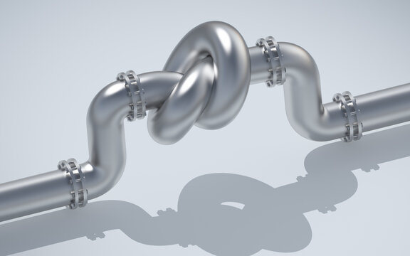 Fuel gas pipeline with a knot on white background. EU industrial economic sanctions. Energy embargo. Oil import export from the world fuel trade market restricts.