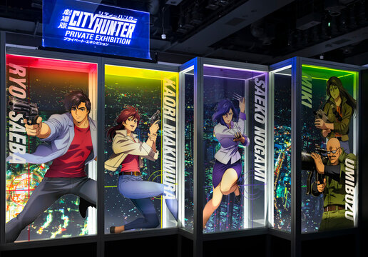 tokyo, japan - november 05 2019: Lightened show window depicting the characters of famous Japanese anime and manga City Hunter or Nicky Larson in the free photo spot area of exhibit Private Exhibition