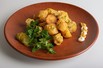 Fried potatoes on a peasant on a brown clay plate, home, restaurant cuisine, dishes isolated on a...