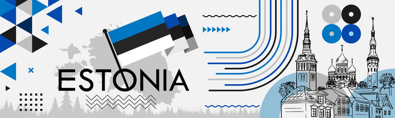 Estonia national day banner with Estonian flag colors theme background and geometric abstract retro modern blue black white design. Multiple landscapes of Tallinn , celebration of independence day. - obrazy, fototapety, plakaty