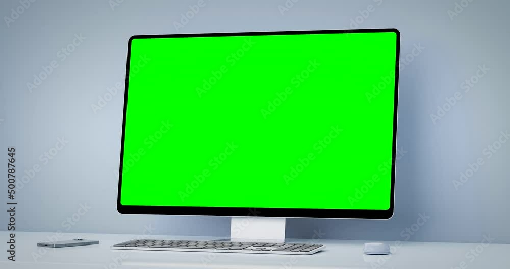 Poster computer all-in-one with a blank screen front in industrial loft office interior - camera move aroun