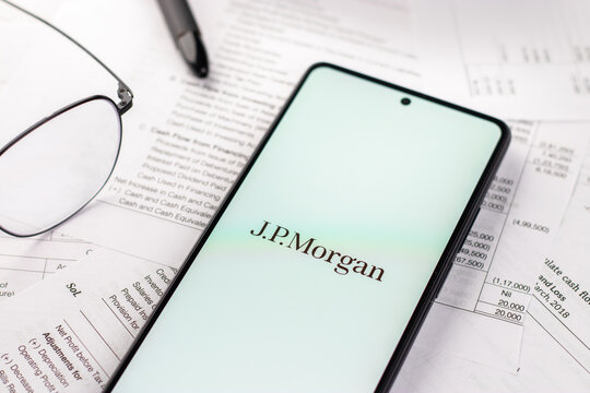 West Bangal, India - April 20, 2022 : JP Morgan logo on phone screen stock image.