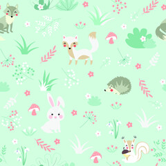 Set of animals in the forest. Vector. Seamless pattern for children's clothing, notebooks and souvenirs. Cute animals fox, bunny, hedgehog, squirrel, wolf. Cartoon animals