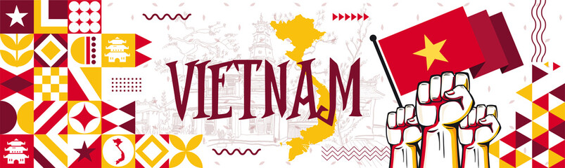 Flag and map of Vietnam with raised fists. National day or Independence day design for Vietnamese celebration. Modern retro design with abstract icons. Vector illustration. - Powered by Adobe