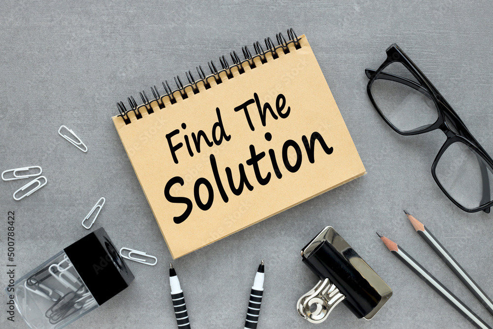 Poster find the solution open notepad with text on gray