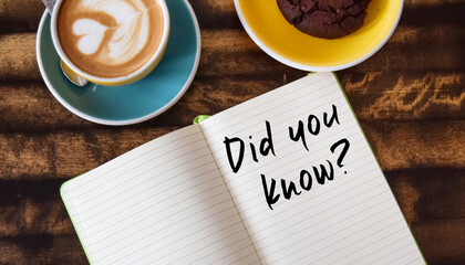 Notepad with the inscription DID YOU KNOW. A cup of coffee on a table in an ooffice or at a business lunch, concept image. Finance or business concept.