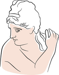 Greek goddess vector illustration. Trendy aesthetic line art of a famous sculpture. Decorative element for beauty poster or postcard. Female portrait in simple sketchy style.