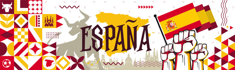 Spain national day banner for España , Espana or Espania with abstract modern design. Flag and map of Spain with typography  red yellow color theme. Barcelona  Madrid skyline in background with bull - obrazy, fototapety, plakaty