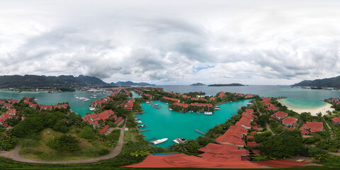 Seamless spherical 360 degree HDRI aerial panorama of Eden Island, Victoria, Seychelles. View of a...