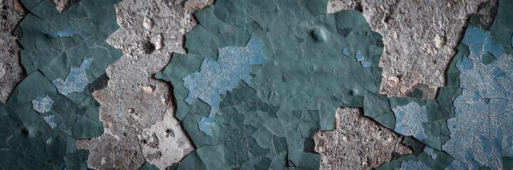 Peeling paint on the wall. Panorama of a concrete wall with old cracked flaking paint. Weathered rough painted surface with patterns of cracks and peeling. Wide panoramic grungy texture for background