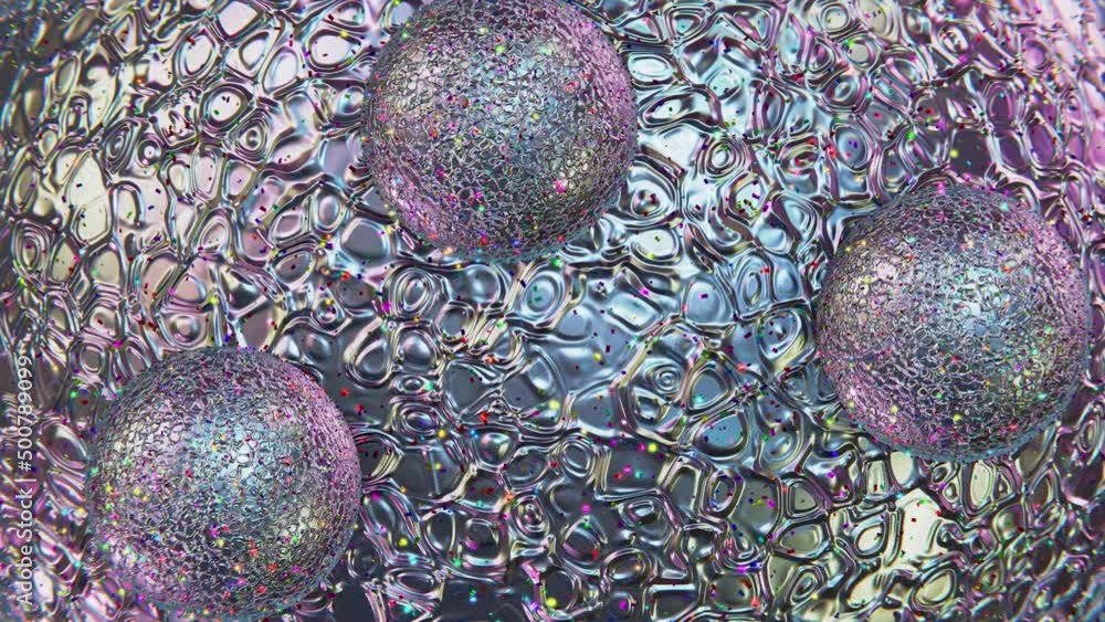 Poster realistic satisfying looping 3d animation of the textured iridescent silver metallic sphere with orb