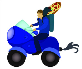 A man driving a blue motorcycle with a pizza in a bag. This logotype can be used for pizza companies (restaurants, bars). Vector illustration, isolated.
