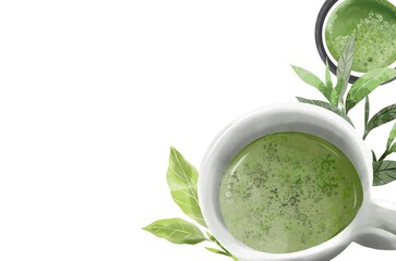 Matcha tea Japanese ceremony advertising banner, Matcha green Healthy drink illustration, Vegan relax lifestyle composition