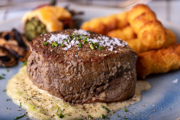 closeup of a steak on a plate