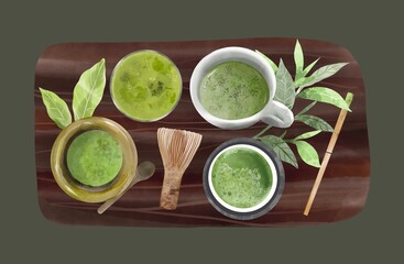 Matcha tea Japanese ceremony advertising banner, Matcha green Healthy drink illustration, Vegan relax lifestyle composition