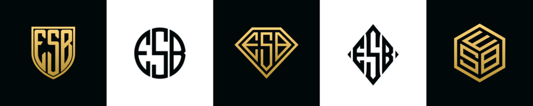 Initial letters ESB logo designs Bundle. This collection incorporated with shield, round, diamond, rectangle and hexagon style logo. Vector template