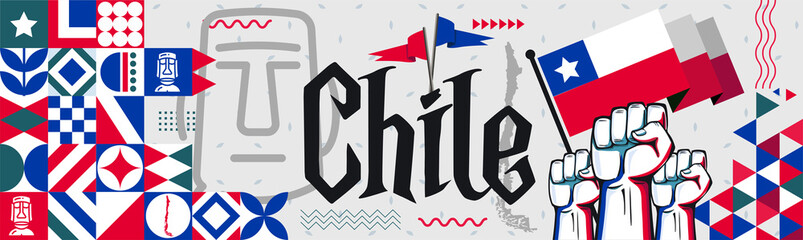 Chile National day banner with abstract shapes. Chile flag and map. Red blue triangles scheme with raised hands or fists. Moai landmarks. Vector Illustration - obrazy, fototapety, plakaty