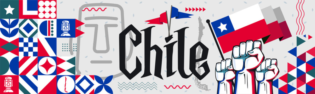 Chile National day banner with abstract shapes. Chile flag and map. Red blue triangles scheme with raised hands or fists. Moai landmarks. Vector Illustration