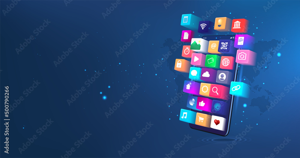 Aufkleber User Interface and more Applications on Mobile Phone. 3D smartphone with app icons and world map. Development of applications, social networks and software. UI, UX, KIT App. 3D mobile phone with icons