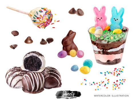 Sweet Desserts Watercolor Isolated On White Background. Easter Cupcake, Chocolate Rabbit, Sprinkles, Cake Balls