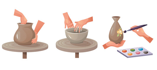 Pottery hand made hobby workshop craft steps illustration. Vector graphic design concept